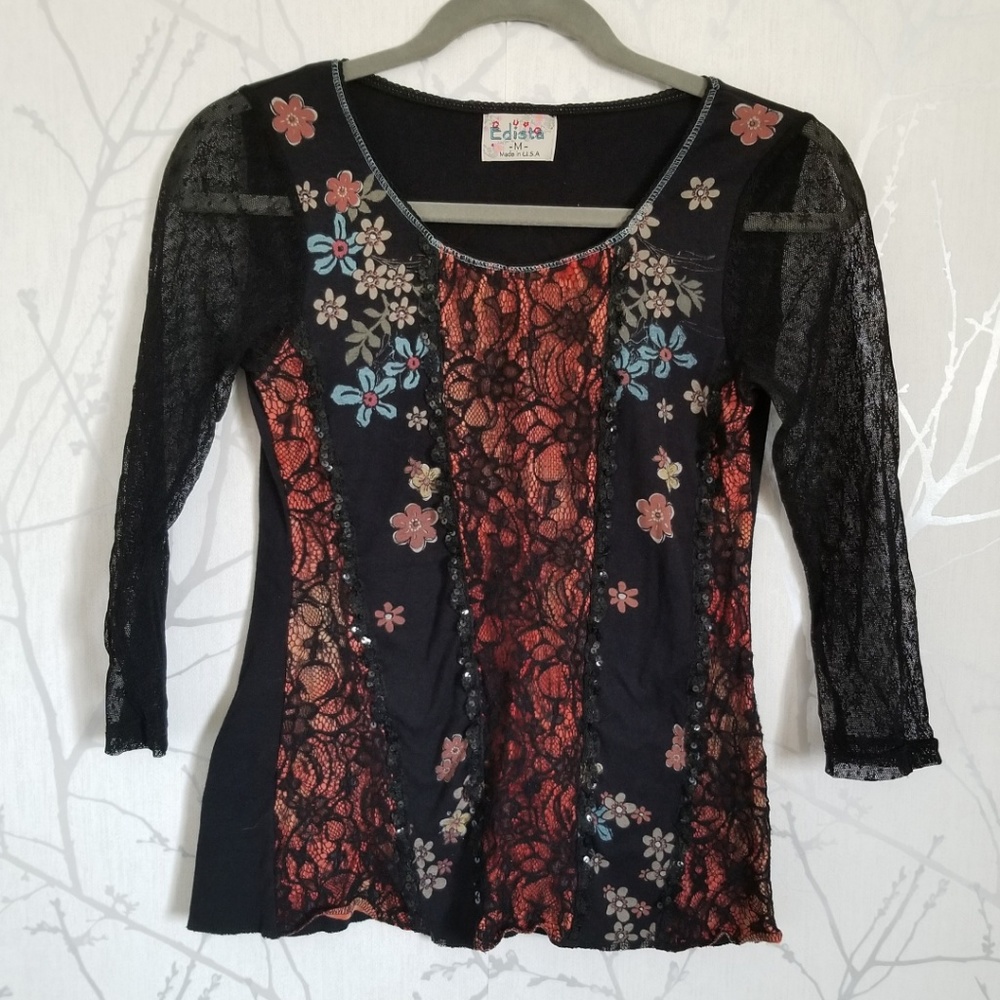 Edista Floral Print Blouse w/ Lace Sleeves Whimsigoth Fairy